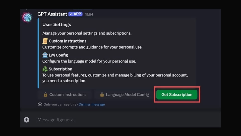 اكتب /settings واختيار Get Subscription