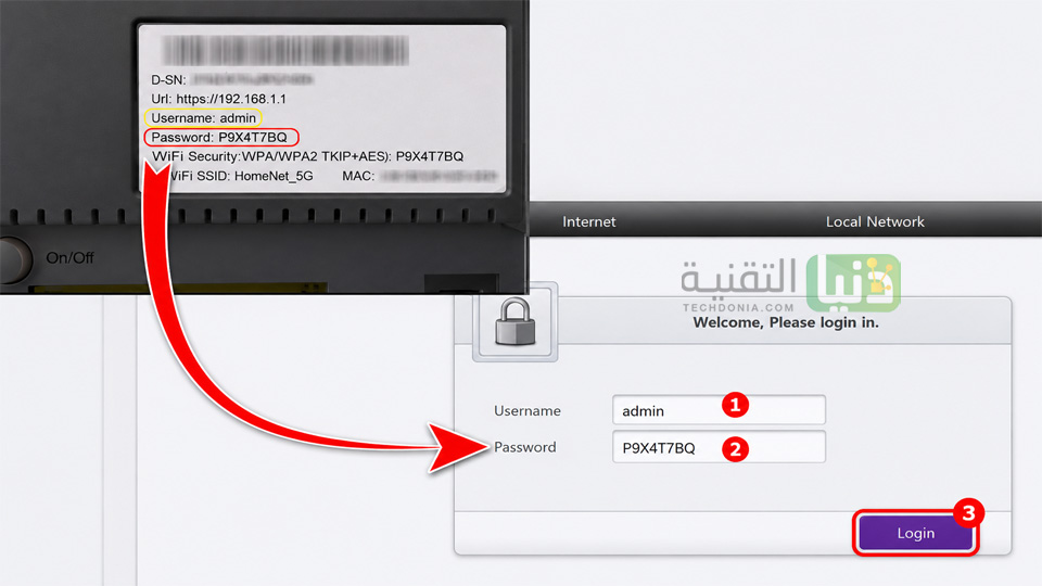 تسجيل الدخول لصفحة الراوتر 192.168.1.1 وبيانات ملصق ظهر الراوتر admin